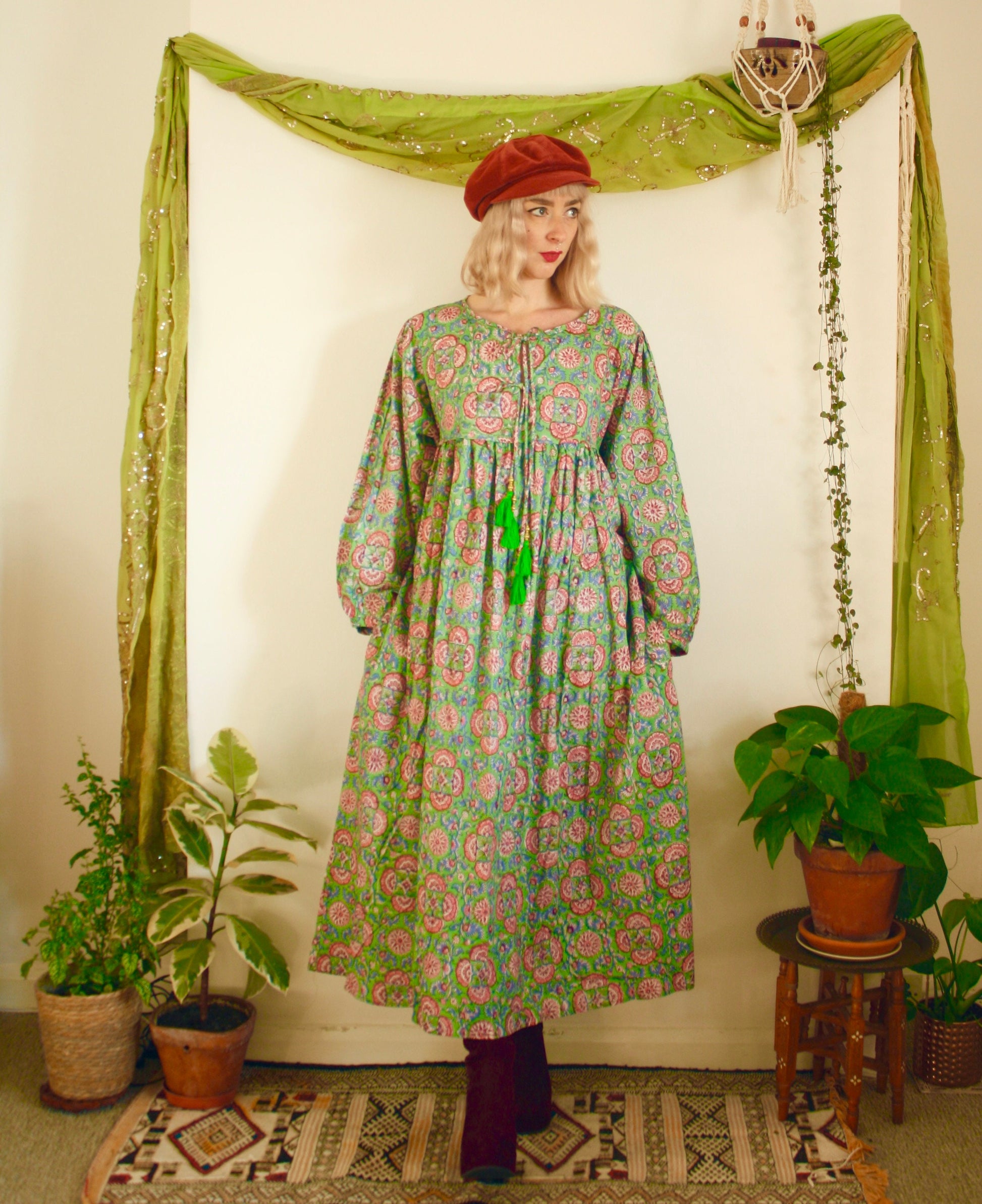 Pure Cotton Midi Green Floral Dress Indian Block Print Colourful